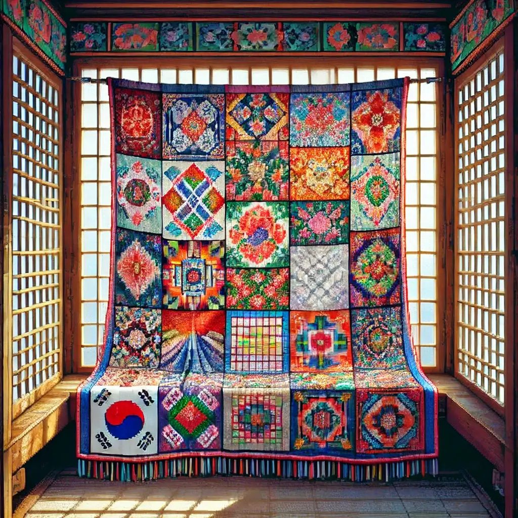 Pixel art of a colorful traditional Korean Pojagi cloth hanging near a window, with light filtering through translucent patchwork.