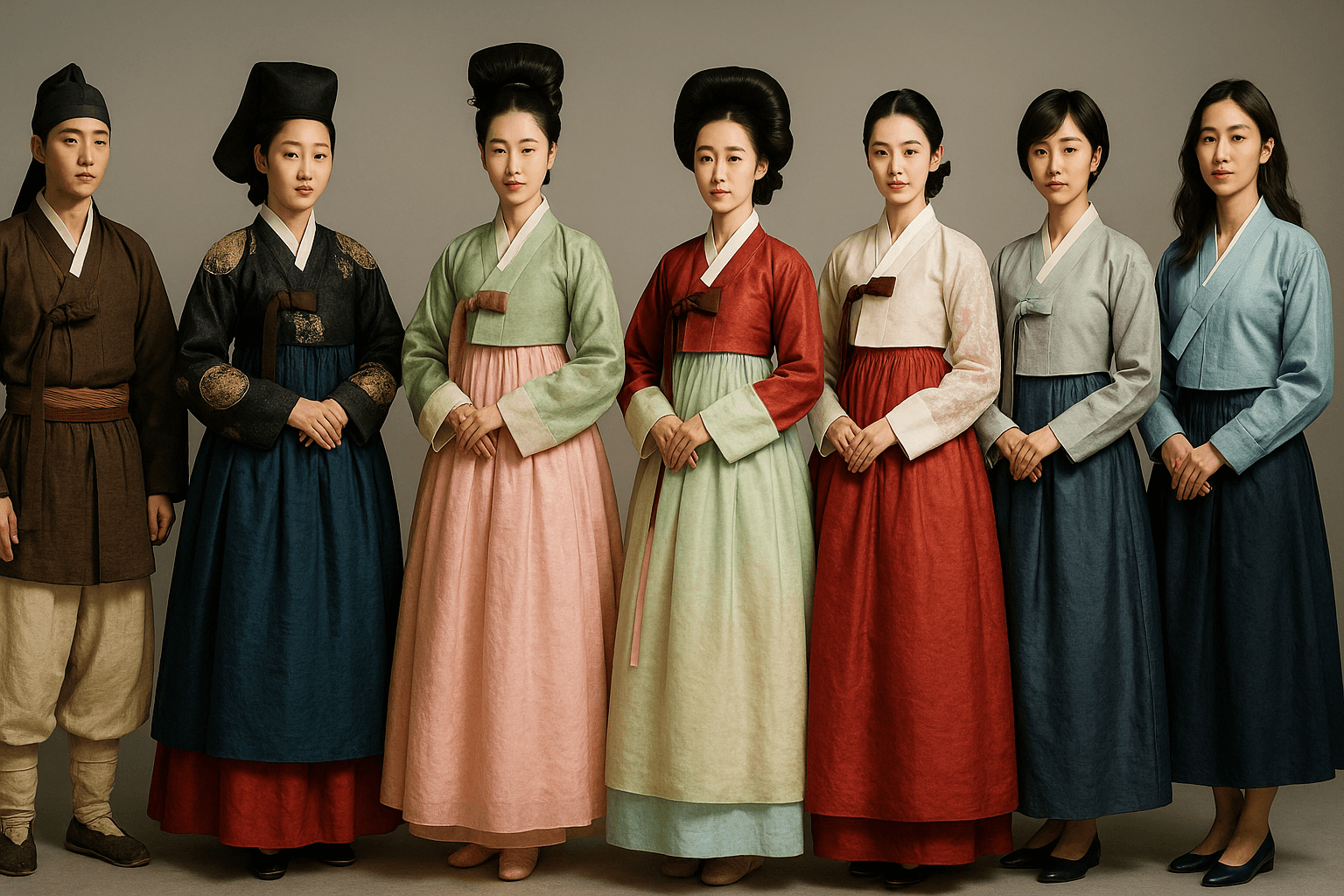 "A high-resolution photograph featuring eight Korean individuals dressed in traditional and modern Hanbok styles, lined up in chronological order from historical to contemporary designs. The variations in color, silhouette, and accessories highlight the 1000-year evolution of Hanbok fashion, with a neutral gray backdrop emphasizing each unique garment."