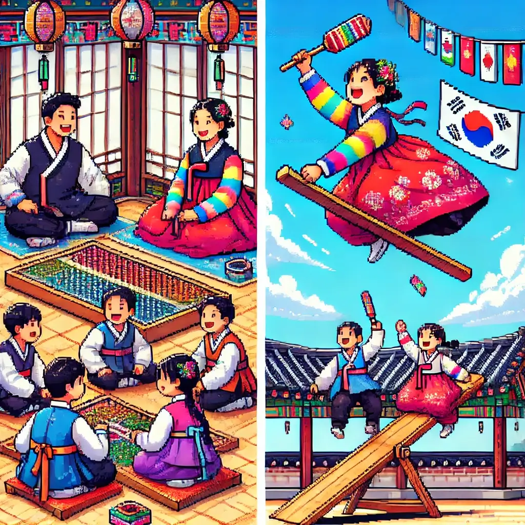 Pixel art of two girls in hanbok jumping on a Neolttwigi (traditional Korean see-saw) in a courtyard. One girl is flipping in the air while the other lands, with a bright blue sky and tiled roof in the background.