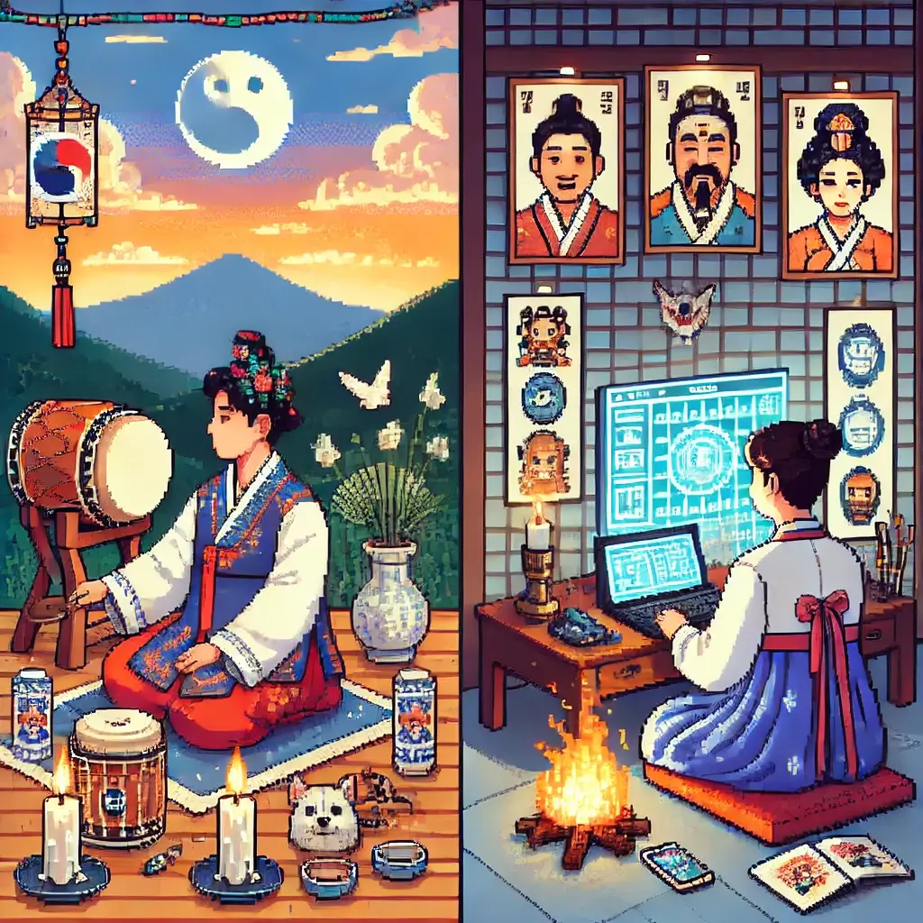 The ASTOUNDING Resilience of Korean Shamanism in 2025: A Spiritual Awakening! 3 위 내용을 반영하는 픽셀 이미지를 그려줘.두 개를 그릴 거면 서로 확실히 구별되도록 그려줘. 그리고 매우 아름답게 그려주되, 너무 복잡하지 않게 그려줘. 반드시 픽셀 이미지로 그려줘. 한번 보고 메시지를 알아채도록 명확하게 그려줘 이미지 설명하지 말고, 그냥 이미지를 바로 생성해 줘. 그리고 관련 알트 텍스트 작성.