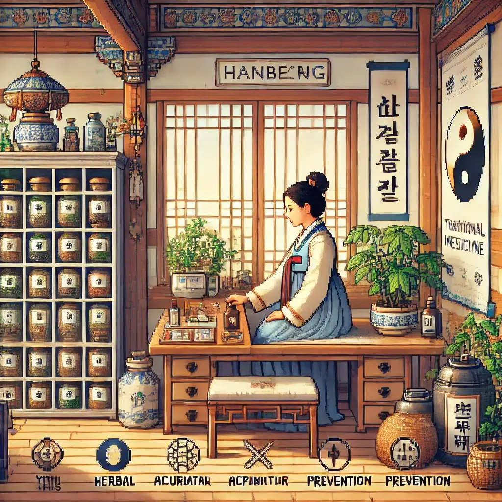Pixel art of a Korean Traditional Medicine clinic with a Hanbang practitioner checking a patient's pulse, surrounded by herbal jars, acupuncture tools, and symbols of holistic healing.
