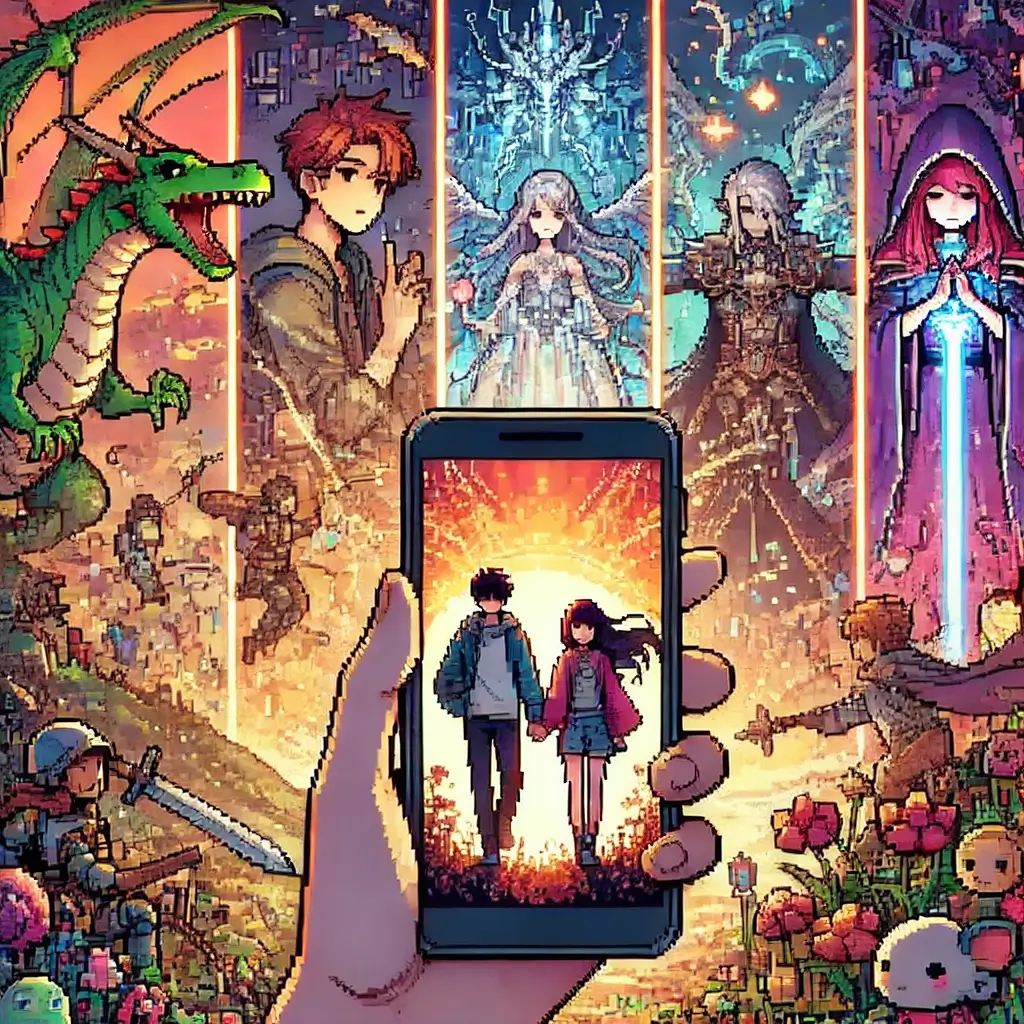 Pixel art of a person holding a smartphone, reading glowing vertical comic panels. Surrounding them are fantasy and romance characters like a dragon, magical girl, and hooded figure.