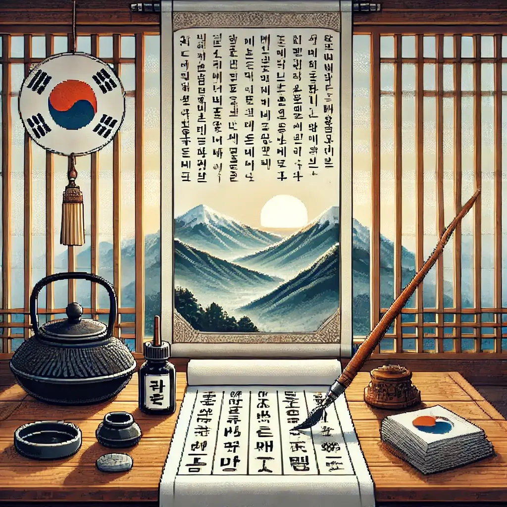 Pixel art of a traditional Korean calligraphy setup featuring a scholar’s desk with brush, inkstone, inkstick, and hanji paper, surrounded by soft lighting and a mountain scroll backdrop. Characters in Hangul and Hanja flow gracefully on the paper.