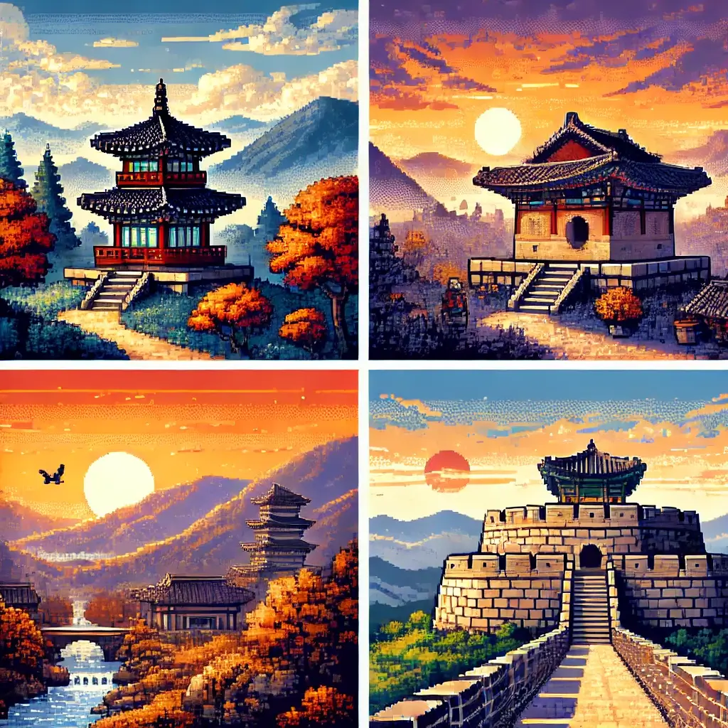 Pixel art of Buseoksa Temple in Yeongju during autumn, surrounded by vibrant foliage and misty mountains. Untapped Korean Regional Destinations