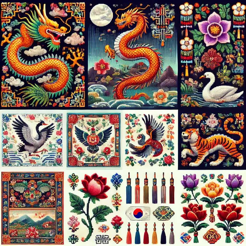 Pixel art of a royal Korean dragon and phoenix, styled in vibrant traditional embroidery, surrounded by clouds, silk motifs, and court emblems.