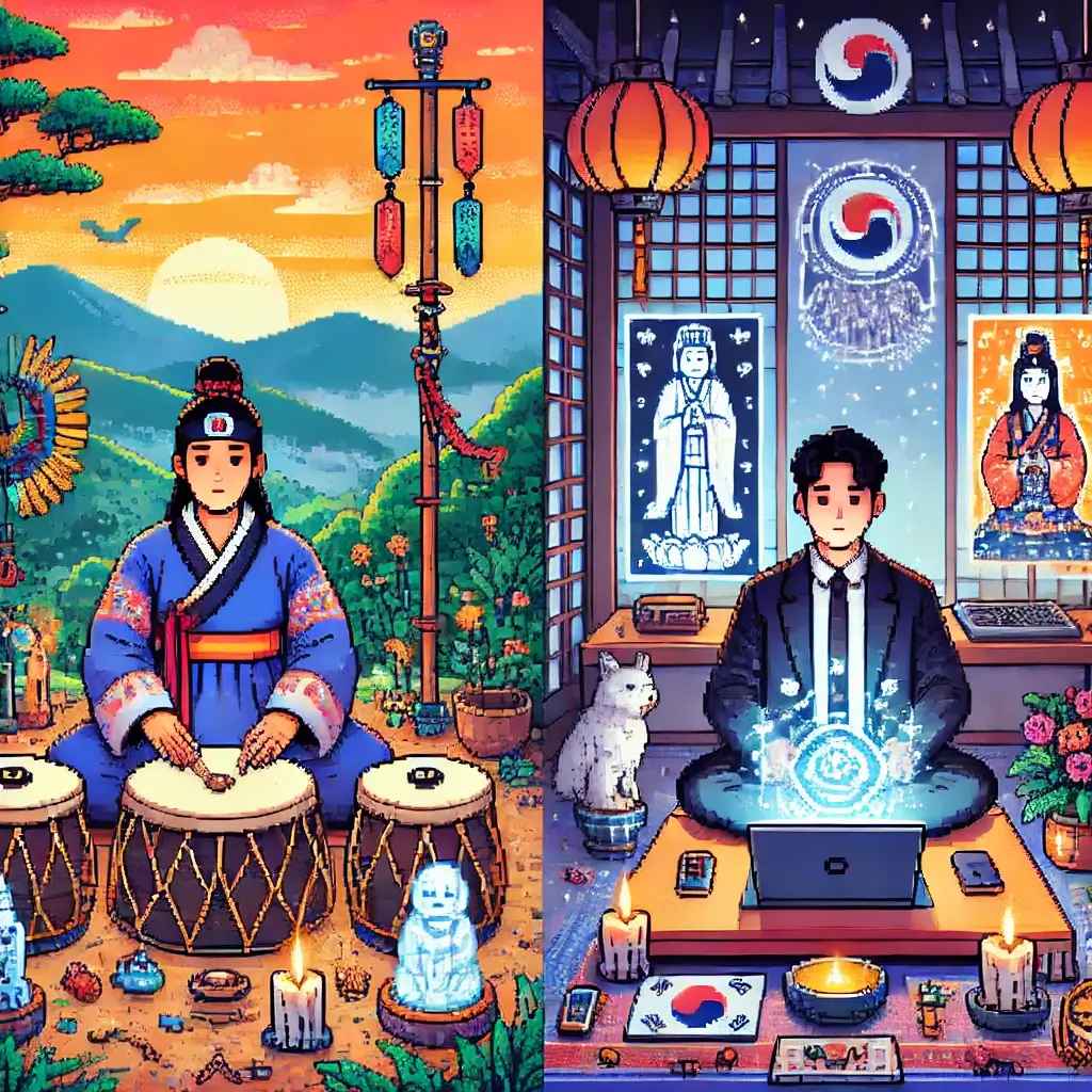 위 내용을 반영하는 픽셀 이미지를 그려줘.두 개를 그릴 거면 서로 확실히 구별되도록 그려줘. 그리고 매우 아름답게 그려주되, 너무 복잡하지 않게 그려줘. 반드시 픽셀 이미지로 그려줘. 한번 보고 메시지를 알아채도록 명확하게 그려줘 이미지 설명하지 말고, 그냥 이미지를 바로 생성해 줘. 그리고 관련 알트 텍스트 작성.