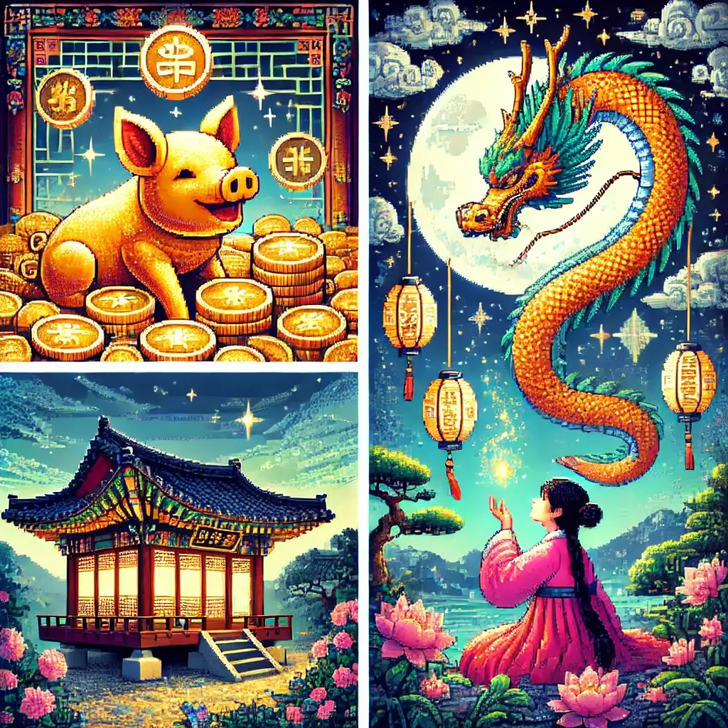 Pixel art of a golden pig surrounded by glowing coins, symbolizing wealth and good fortune in Korean dream culture (gilmong).