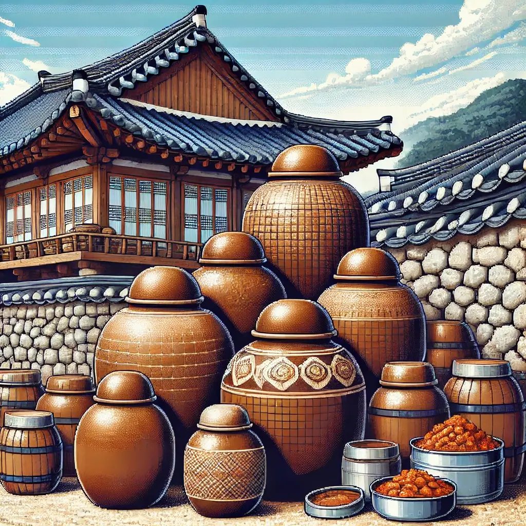 "Pixel art of traditional Korean Onggi jars on a jangdokdae terrace with Hanok rooftops in the background. Some jars are open, revealing kimchi and soybean paste. The scene is detailed, colorful, and culturally rich, under a bright blue sky."