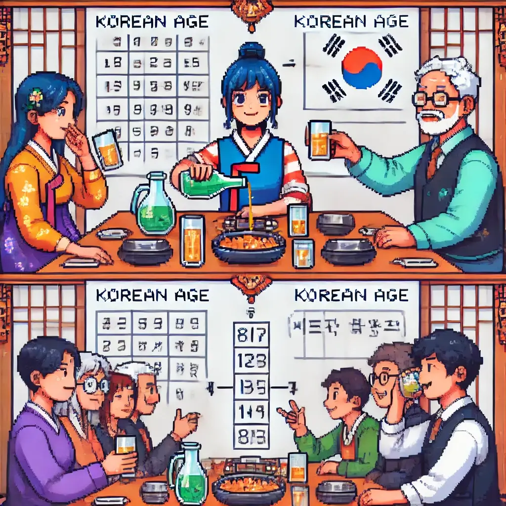 Split pixel art image. On the left, a confused Westerner looks at a chalkboard showing the Korean age formula. On the right, the same person confidently chats with Korean peers using proper honorifics, with Korean speech bubbles like "형", "언니", and "동갑".
