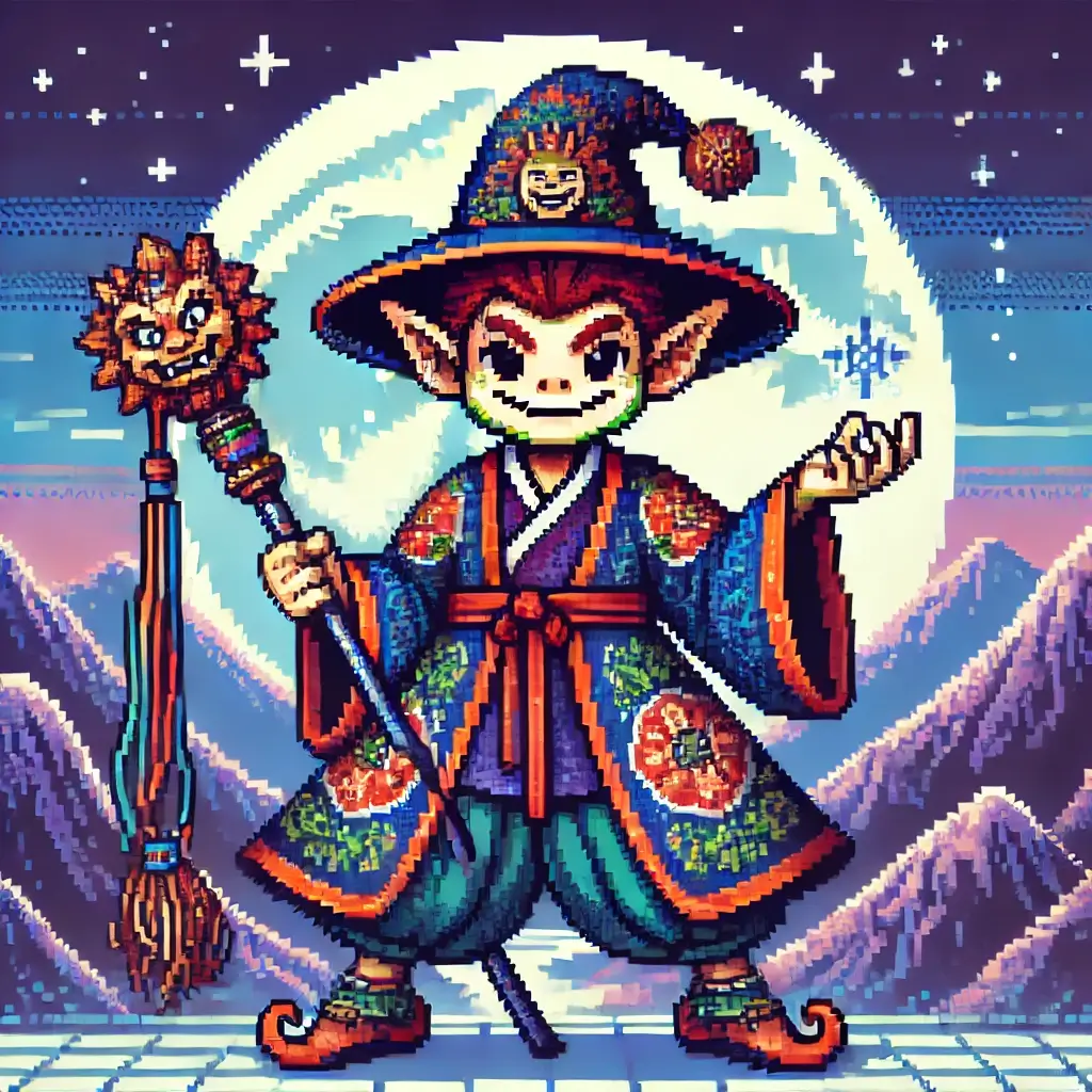 Pixel art of a mischievous Korean Dokkaebi holding a magical club with mountains and moon in background. MYTHOLOGICAL CREATURES & LEGENDS