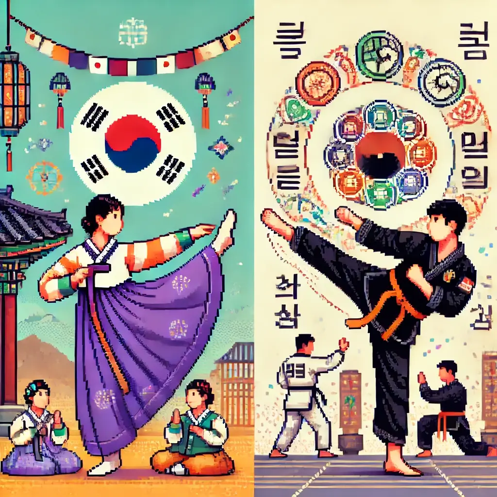 Pixel art depicting two contrasting Korean martial arts scenes—on the left, a Taekkyeon practitioner performs a fluid kick in a traditional village with festival decorations; on the right, a Hapkido fighter throws an opponent in a modern dojang with energy and technique symbols in the background.