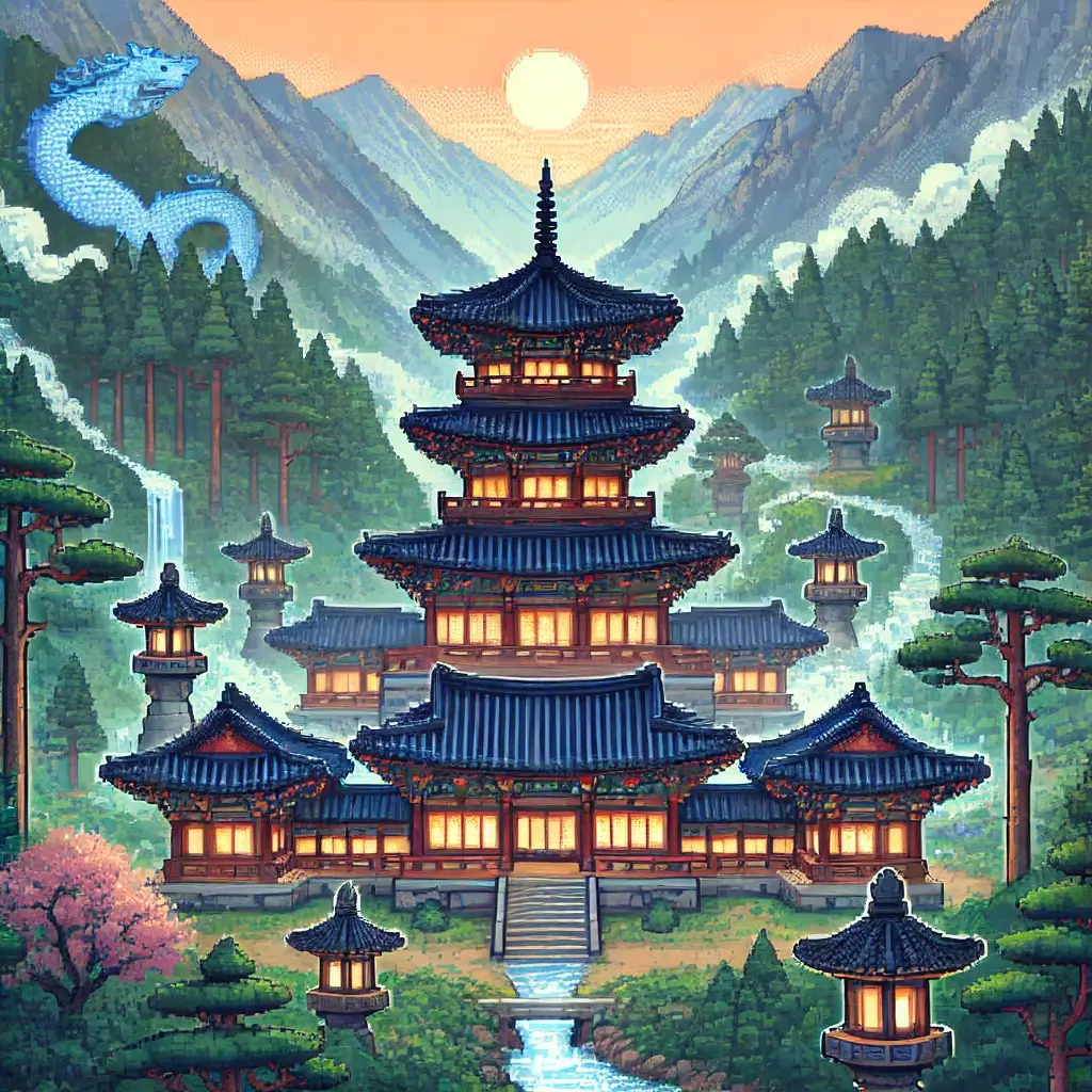 Pixel art of a Korean mountain temple nestled in a forested valley, with glowing blue energy veins (Yongmaek) through the mountains and a gentle stream flowing past cherry blossoms and pagodas.