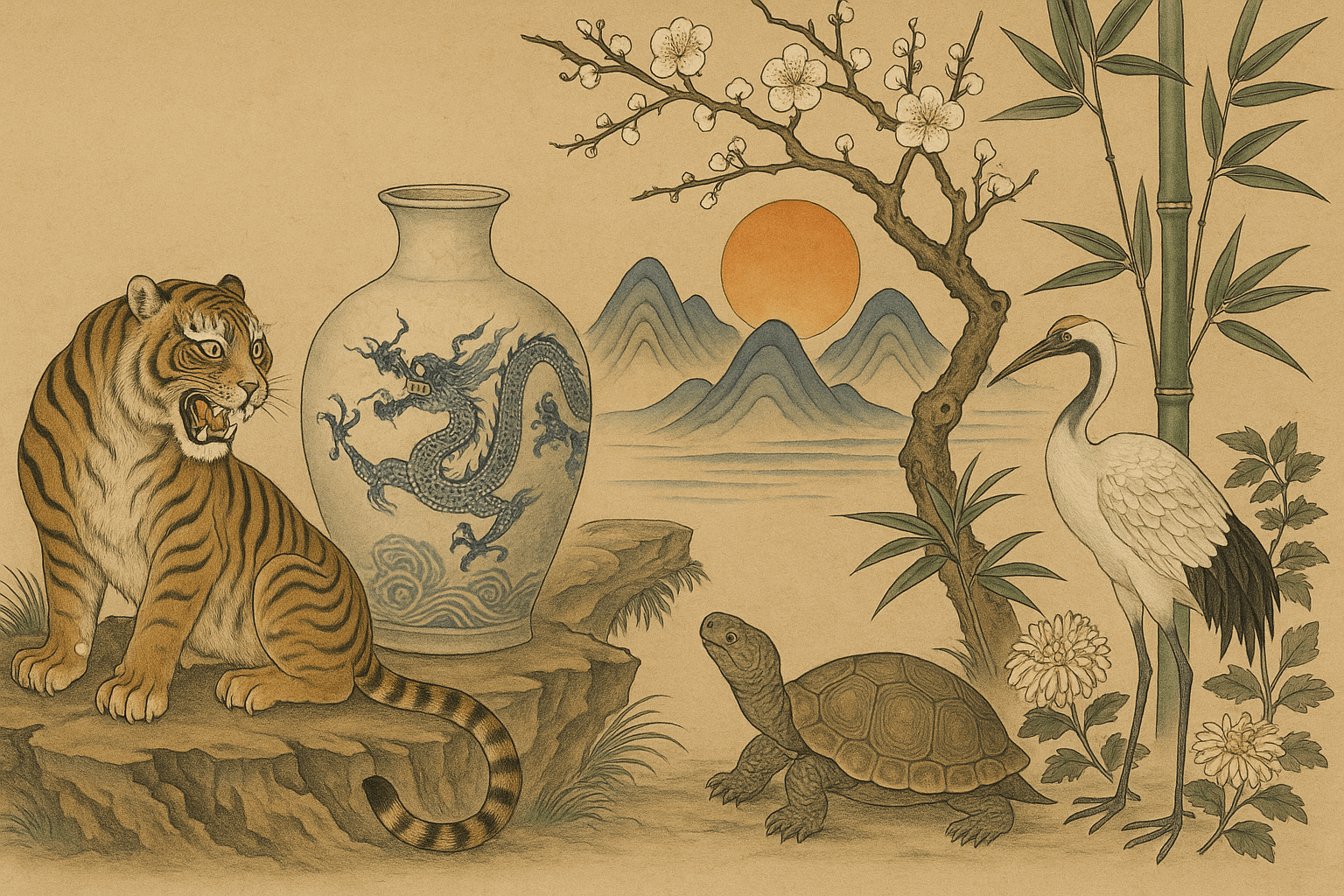 "Traditional Korean Joseon Dynasty-style painting featuring a tiger, a porcelain vase with a dragon motif, a crane, a turtle, bamboo, plum blossoms, chrysanthemums, and a distant sun setting behind blue mountains—each element symbolizing virtues like strength, longevity, purity, and harmony."