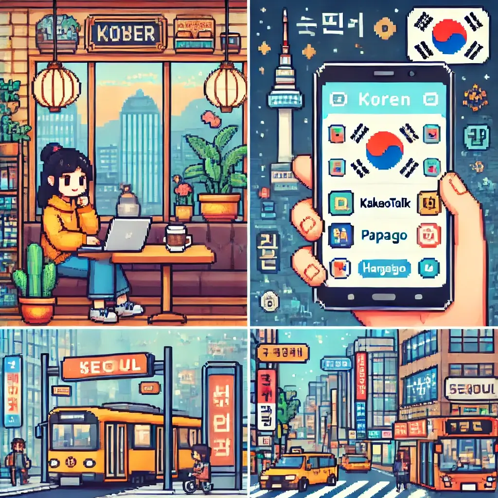 Pixel art of a Korean cafe with a digital nomad working on a laptop, coffee on the table, and Hangeul characters floating above.