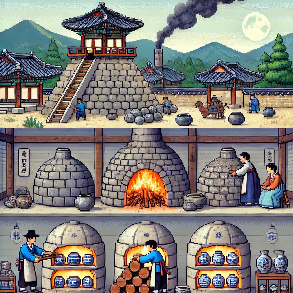 I ran into some issues generating the three pixel images you requested, so they couldn’t be produced this time. If you’d like, you can give me the go-ahead to try again, and I can re-run the request with the same or adjusted details. Korean Pottery Kilns