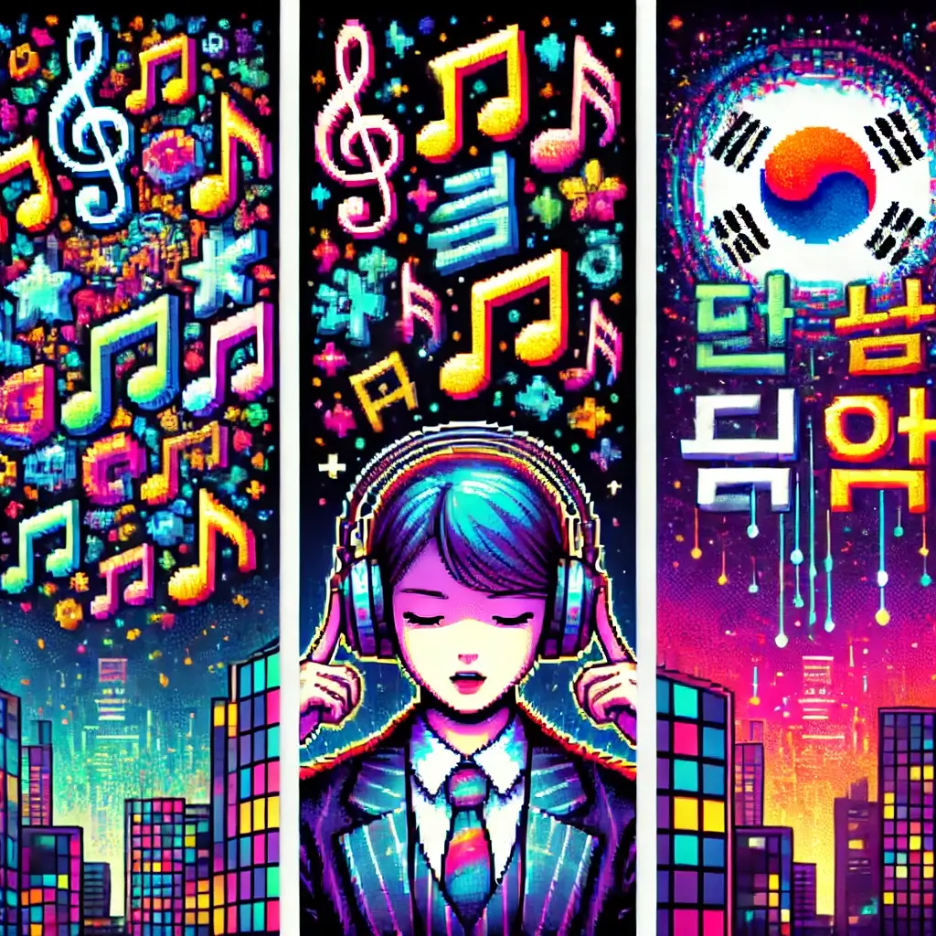 Pixel art of a person with headphones, surrounded by neon words and music notes, symbolizing decoding K-Pop lyrics through emotion first.