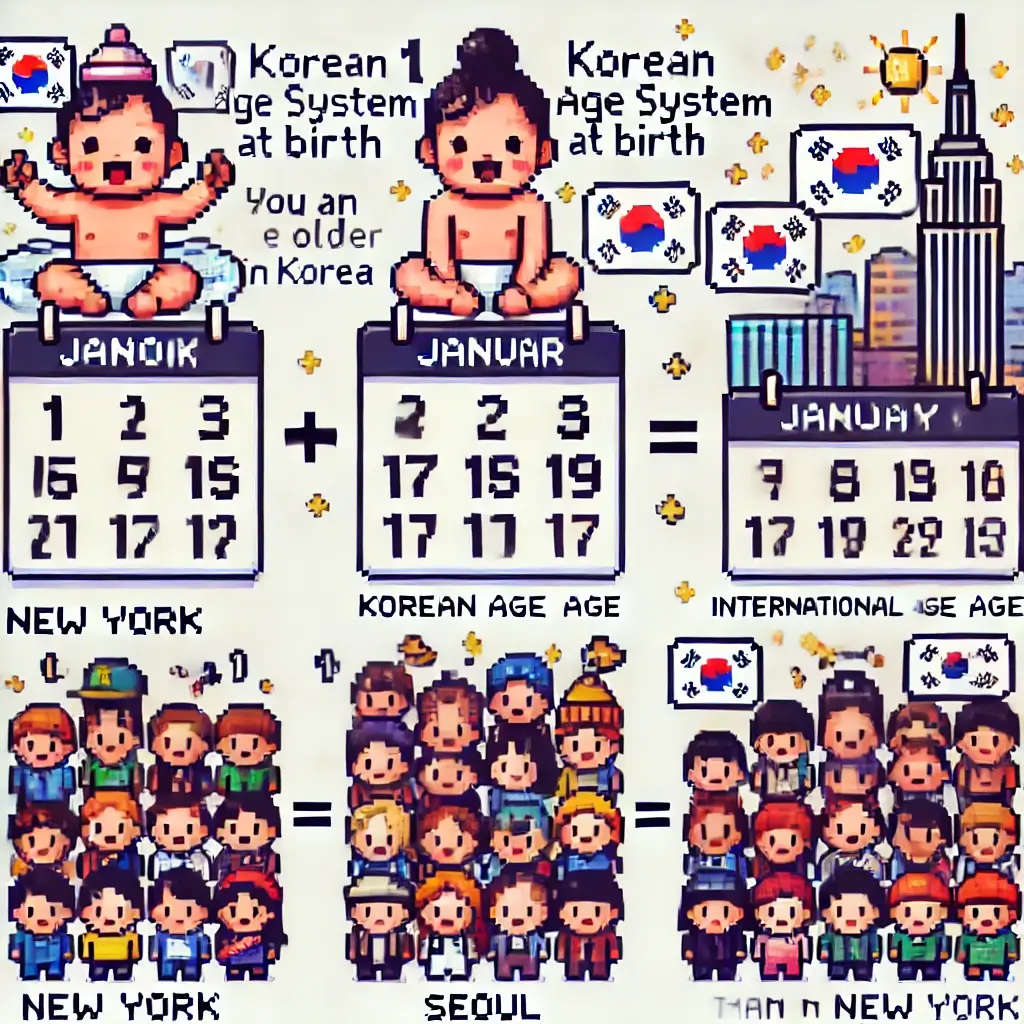 Pixel art showing two babies, one with “1” above the head for Korean age system explained, and one with “0” above the head for international age. Korean Age System explained