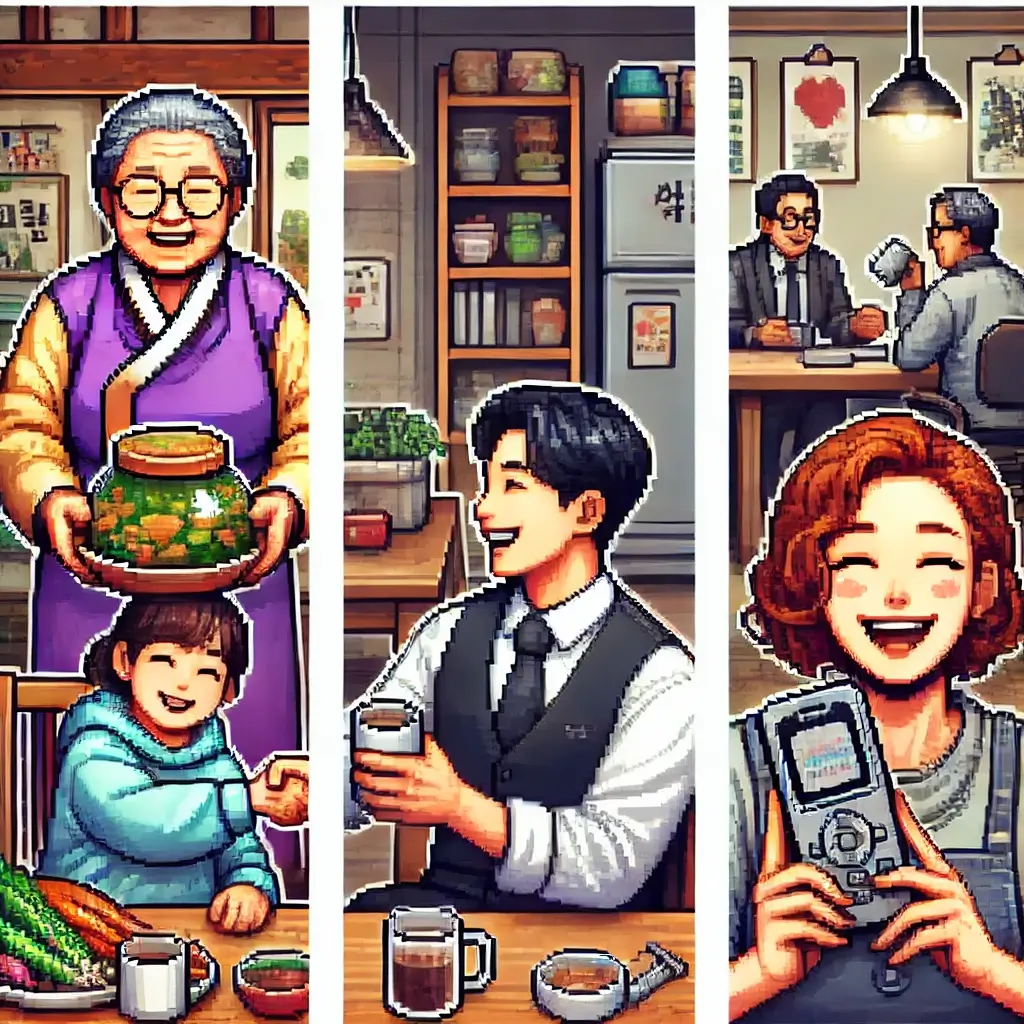 Pixel art of a Korean grandmother handing a jar of kimchi to a younger person in a cozy home, symbolizing familial Jeong.