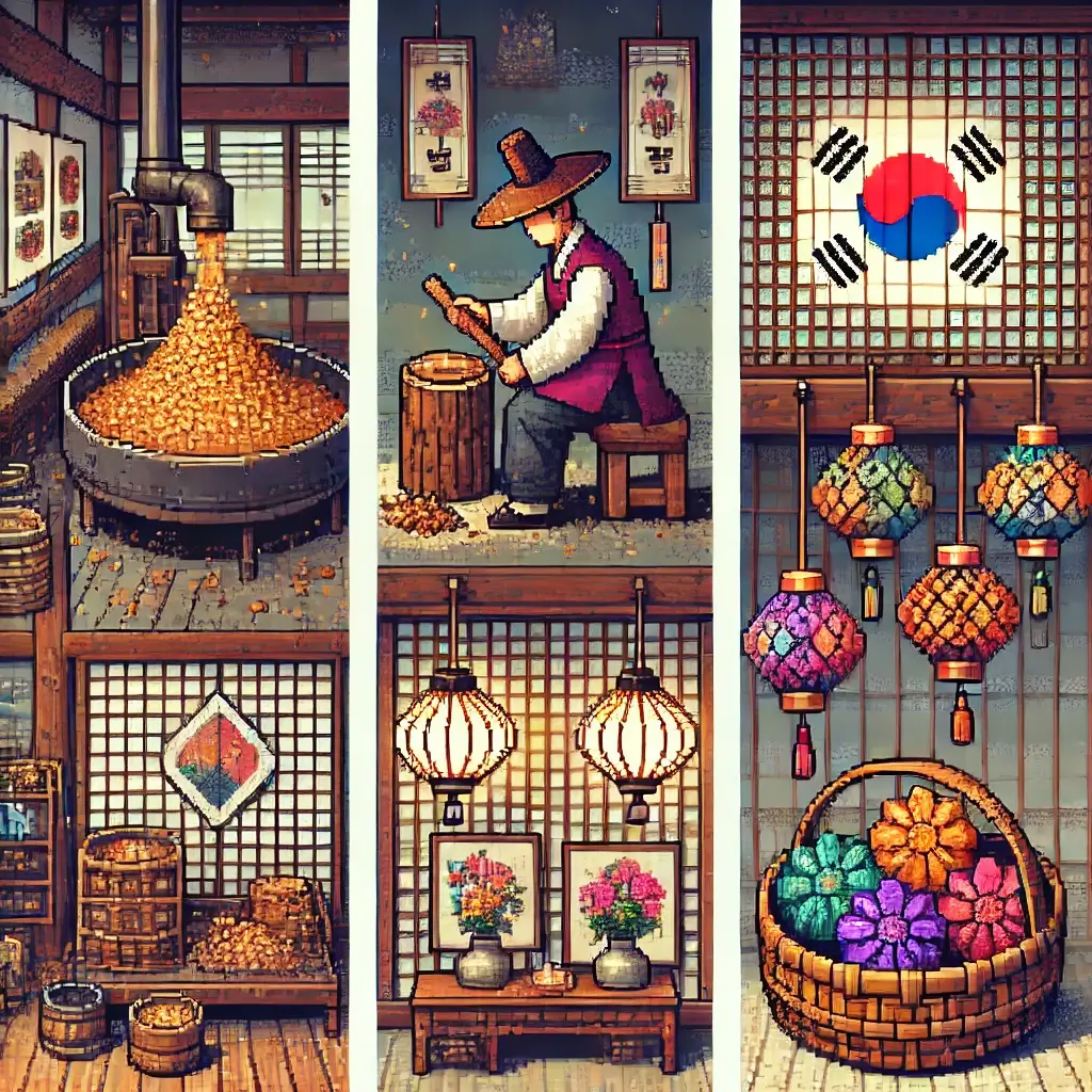 Pixel art of a Korean Hanji craftsman pounding mulberry bark to form sheets, traditional tools and water vat visible.