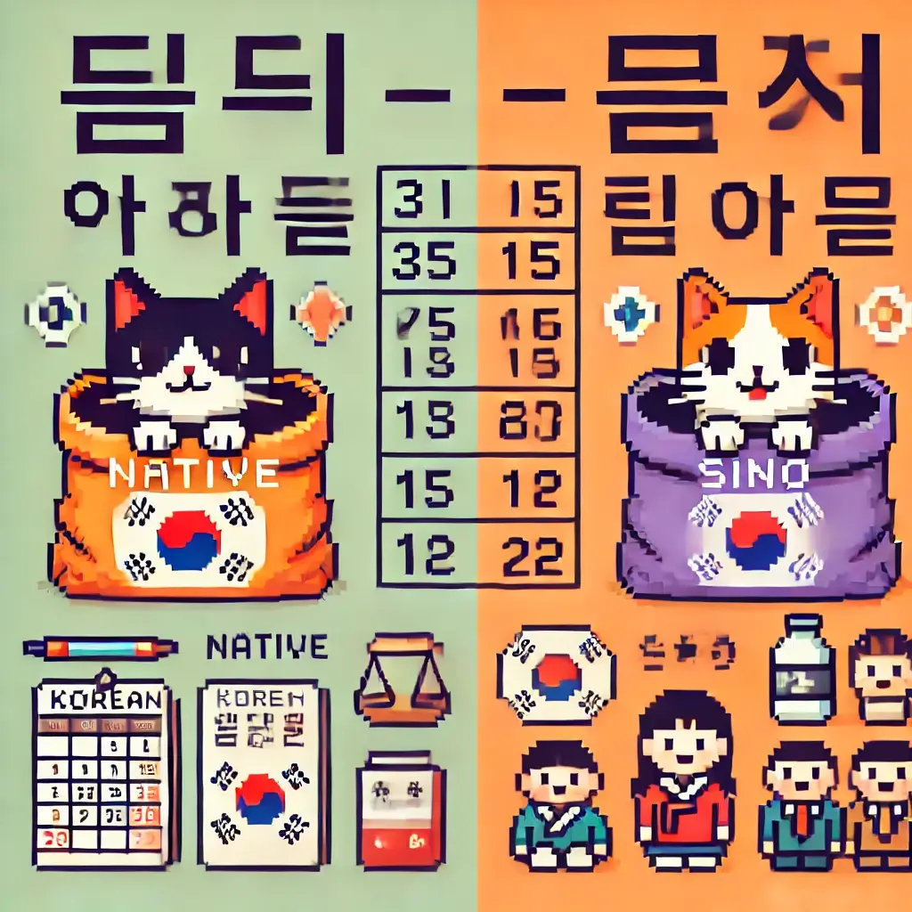 Pixel art of two cats in a bag labeled “Native Korean numbers” (하나, 둘, 셋) and “Sino Korean numbers” (일, 이, 삼), symbolizing the two systems of Korean numbers.
