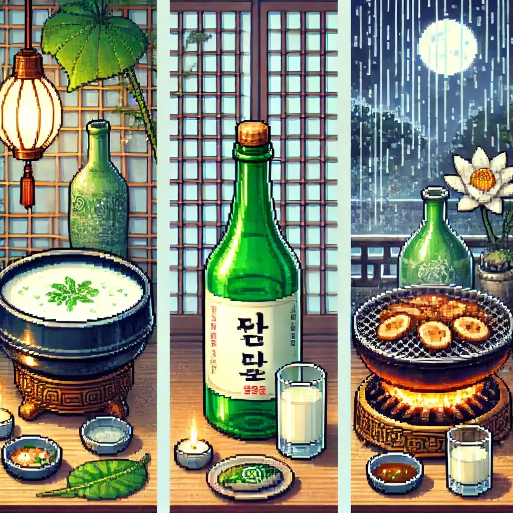 Pixel art of makgeolli in a ceramic bowl with pajeon beside a rainy window, evoking traditional Korean comfort. Traditional Korean Alcoholic Beverages