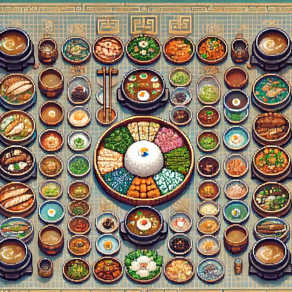 Pixel art of a Joseon Dynasty royal surasang table with 12 dishes, bronze bowls, rice, soups, kimchi, grilled fish, and hotpot, representing Korean royal cuisine.