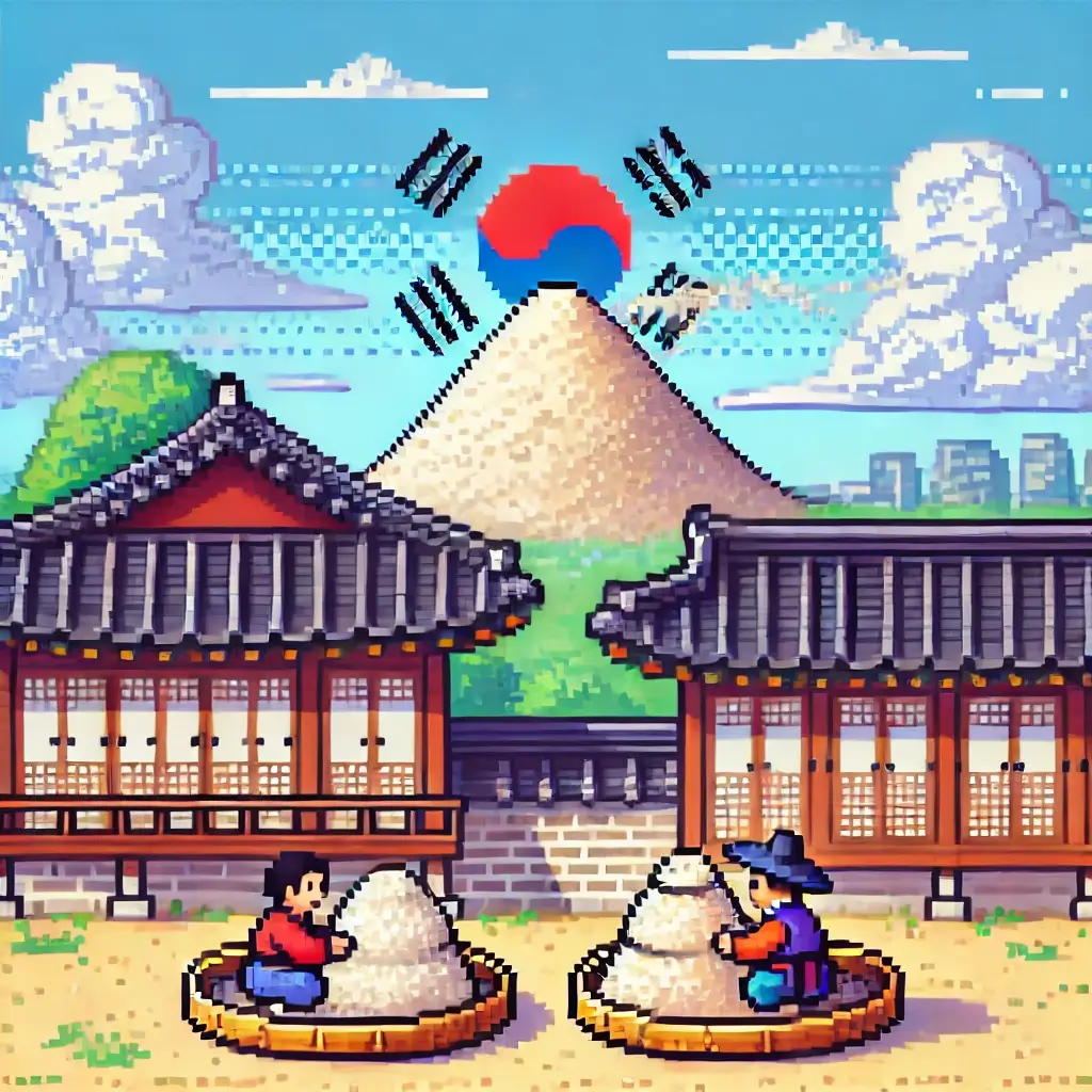 Two people eyeing each other’s Korean rice cakes with envy in front of a traditional hanok house.
