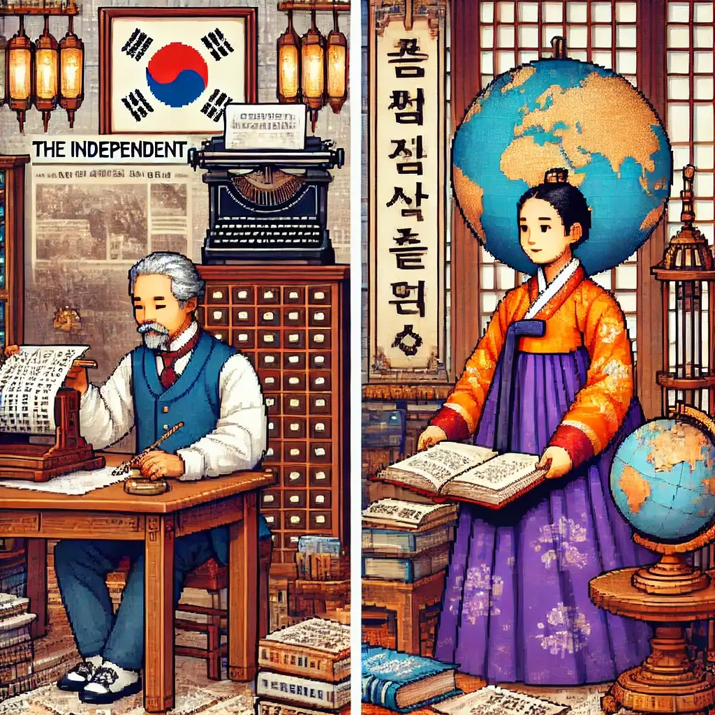 Pixel art of Seo Jae-pil writing a Korean newspaper with a vintage printing press behind him.