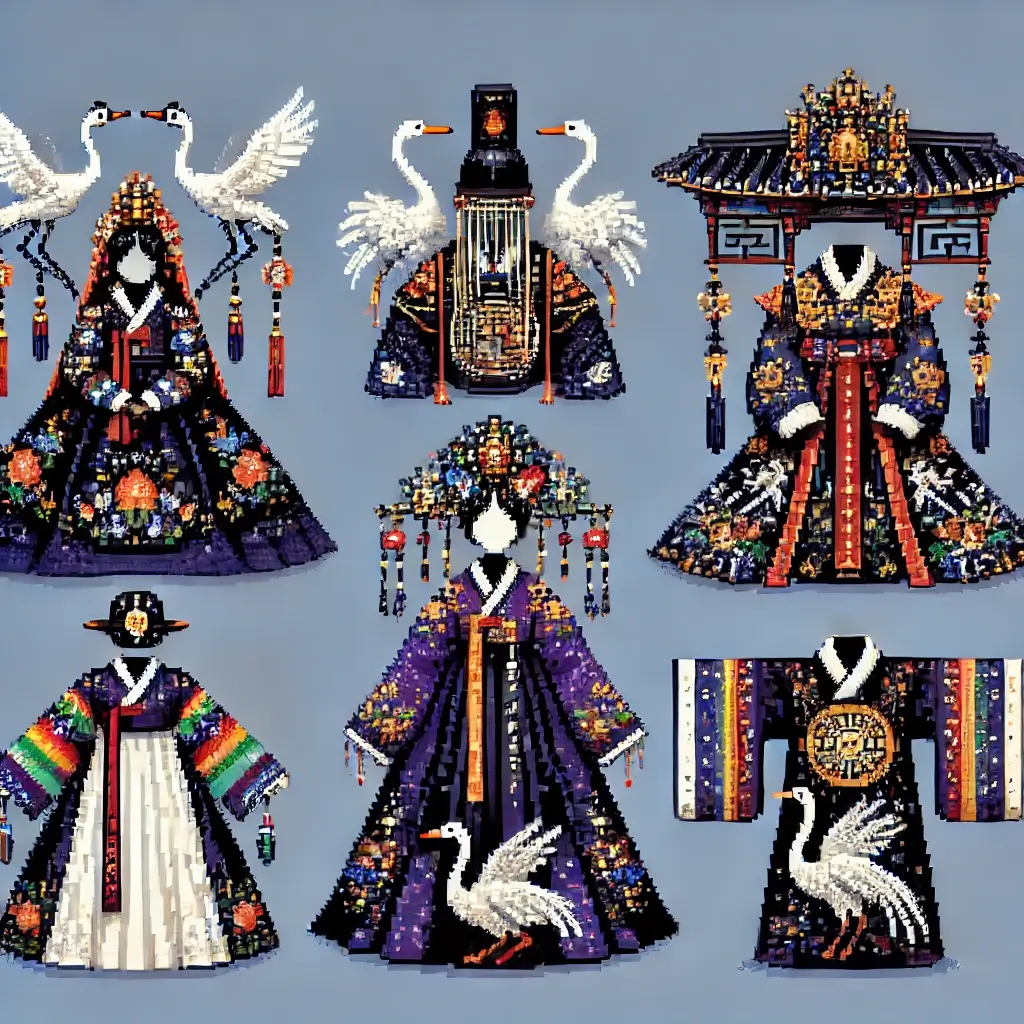 Pixel art of a Korean bride in a red wedding hanbok with crane embroidery, standing beside a groom in formal robe.