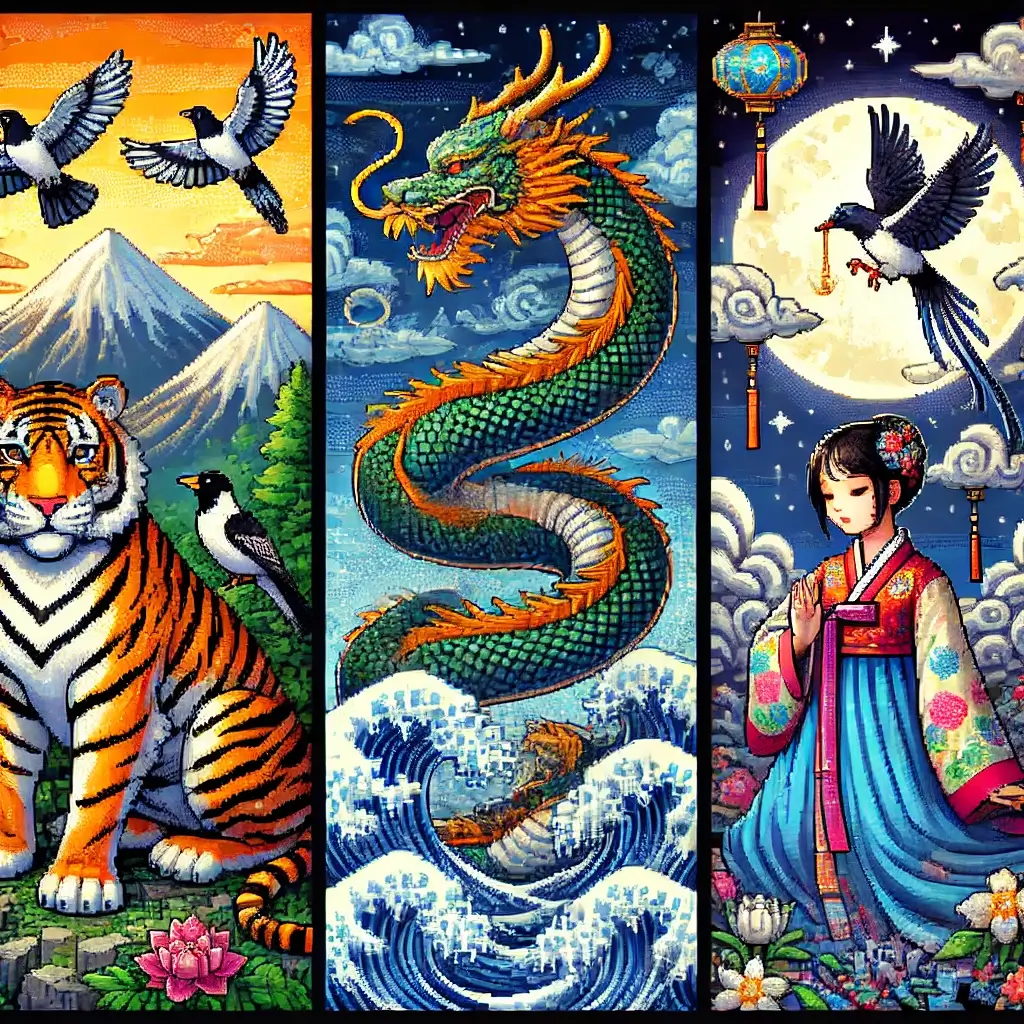 Pixel art of a Korean tiger (horangi) with a magpie in the mountains, inspired by minhwa, symbolizing protection and good fortune in Korean folklore. Five Mythical Korean Animals and Their Unbelievable Stories