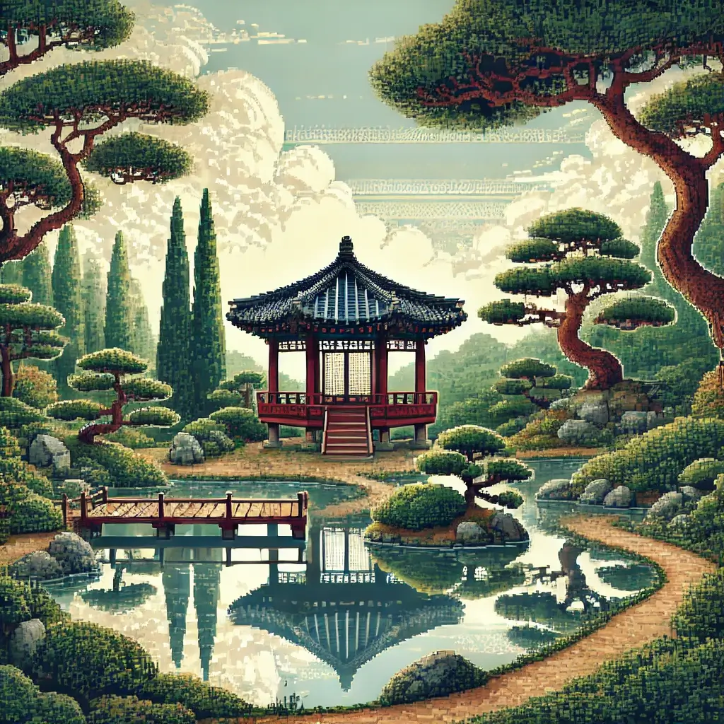 Pixel art of a serene Korean traditional garden with a curved pond, pine trees, and a wooden pavilion nestled naturally in the landscape.