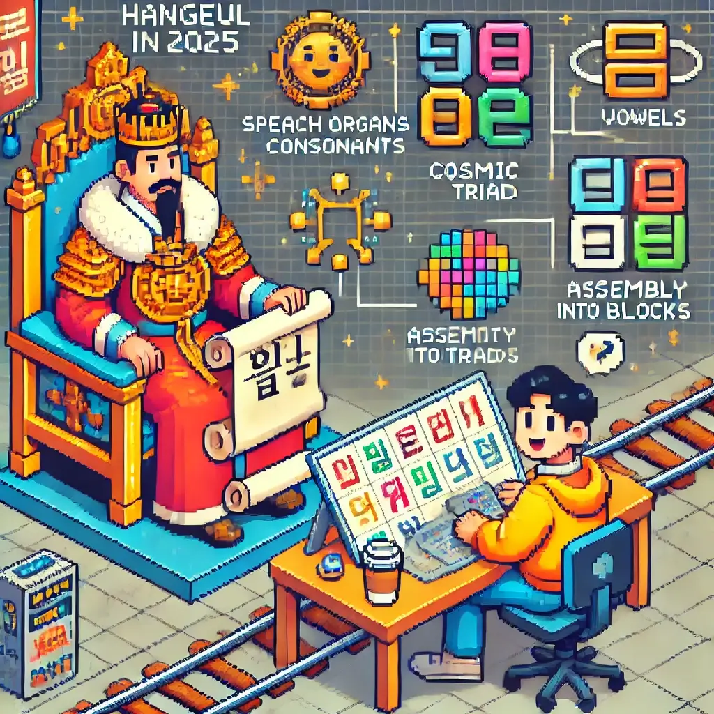 Pixel art of King Sejong creating Hangeul with scrolls and LEGO-like syllable blocks, symbolizing the Korean alphabet origins in 2025.