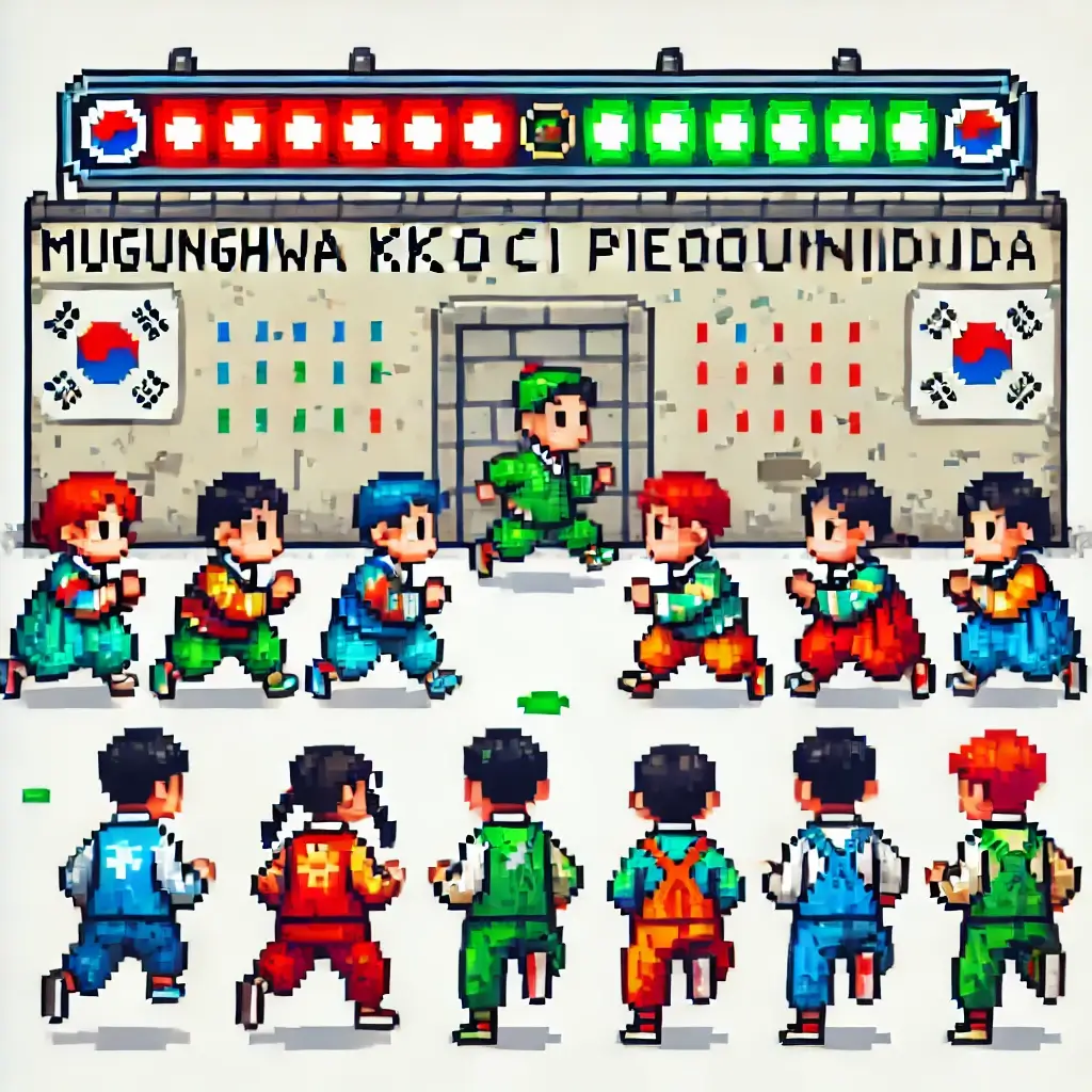 Pixel art of Korean children playing Mugunghwa Kkoci Pieotseumnida (Red Light, Green Light), freezing mid-run in the traditional game.