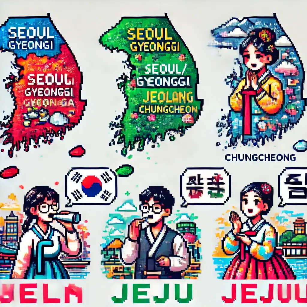 Pixel art map of South Korea with distinct colored regions for Seoul/Gyeonggi, Gyeongsang, Jeolla, Chungcheong, Jeju, and Gangwon, each marked with cultural icons. Regional Dialects