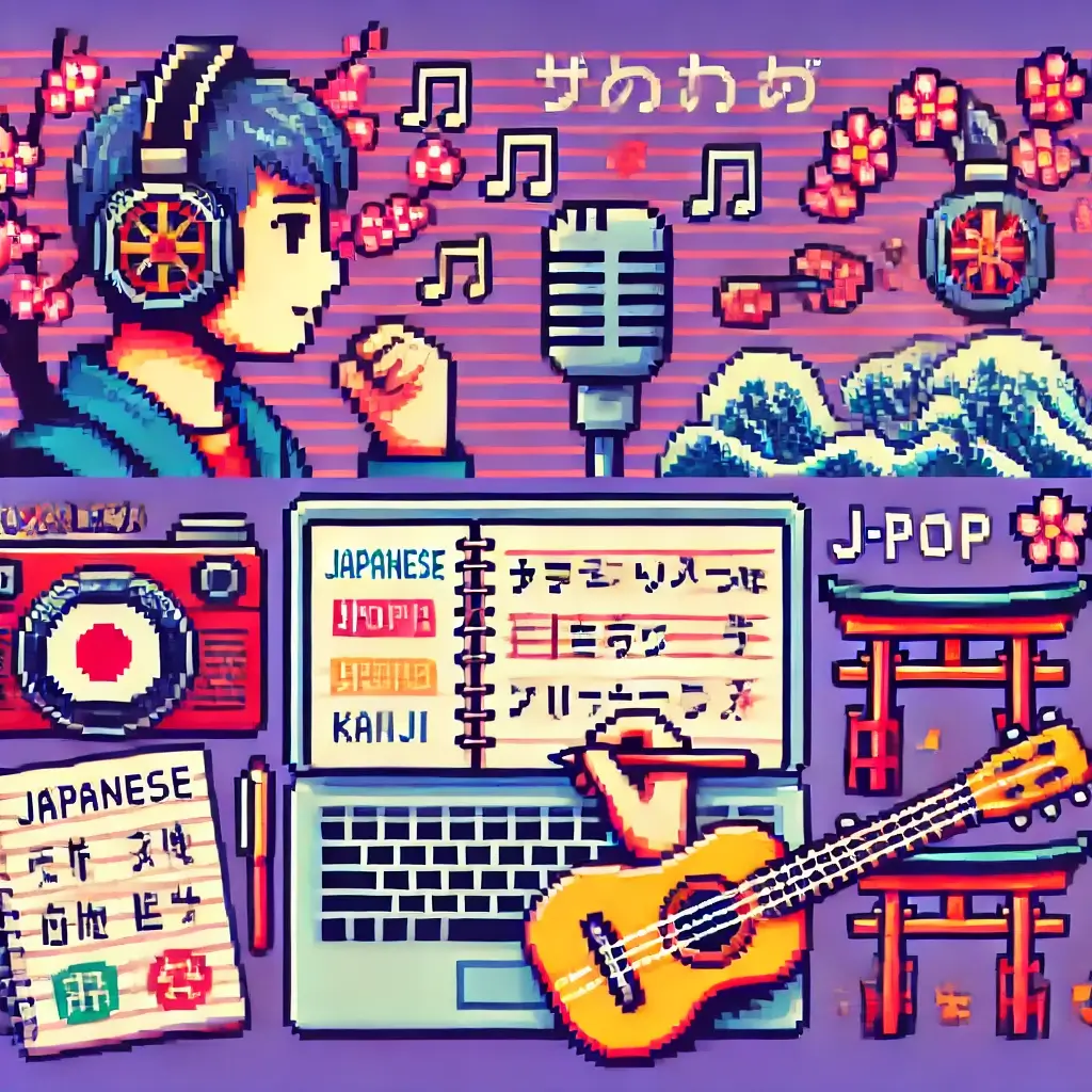Pixel art of a learner with headphones studying Japanese through J-Pop and J-Rock, surrounded by kanji and music notes.