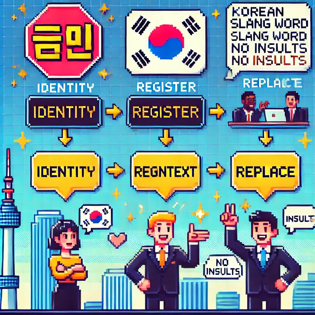Pixel art infographic about Korean slang risk in 2025, showing warning signs for dangerous slang, a filter flowchart with Identity-Register-Context-Replace, and a team celebrating safe Korean communication with polite speech. Keywords: Korean slang, Korean business etiquette, tone in Korean, brand voice Korea.