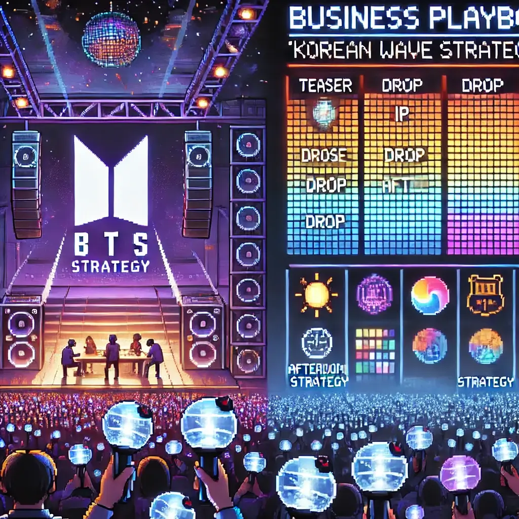 Pixel art of a glowing K-pop concert stage with fans waving BTS-style lightsticks, illustrating Korean Wave strategy, fandom flywheel, and ritual-based marketing.