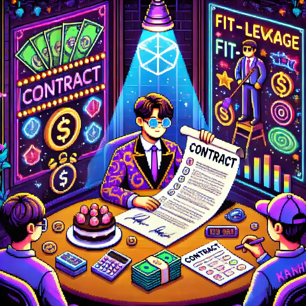 Pixel art of a K-Pop trainee holding a giant trainee contract scroll with glowing icons of money, clocks, and stage lights — symbolizing recoupment, exclusivity, and time traps in K-Pop trainee contracts.
