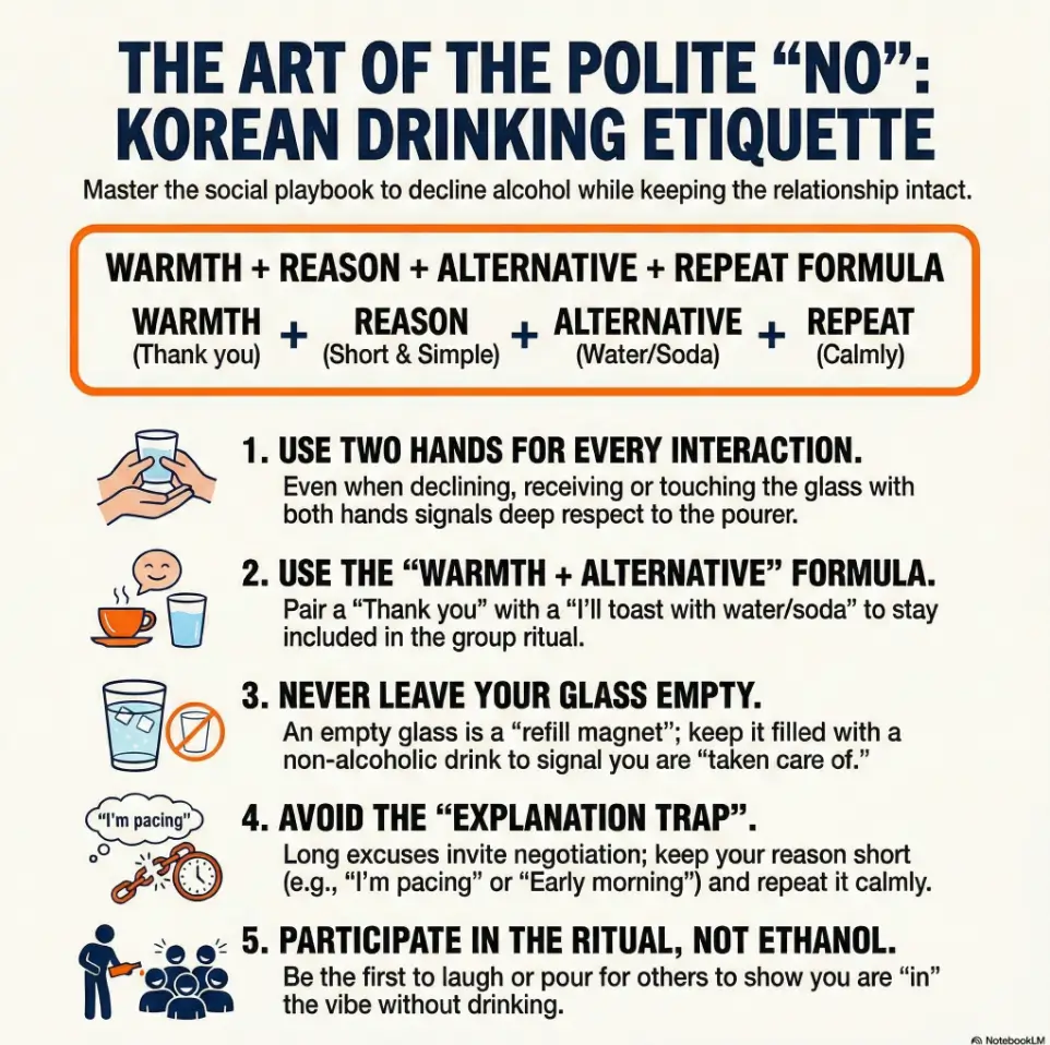Korean Drinking Etiquette Without Pressure: Polite, Non-Rude Ways to Decline Drinks 3 how to refuse alcohol in Korea