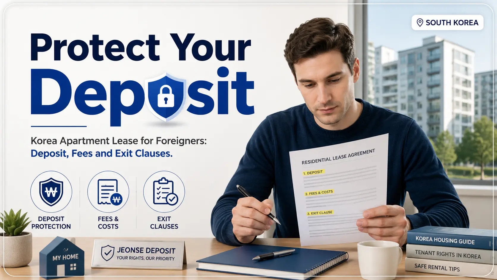 Jeonse vs. wolse in Korea infographic comparing lump-sum deposits, monthly rent, property registry checks, and fixed-date tenant protection.