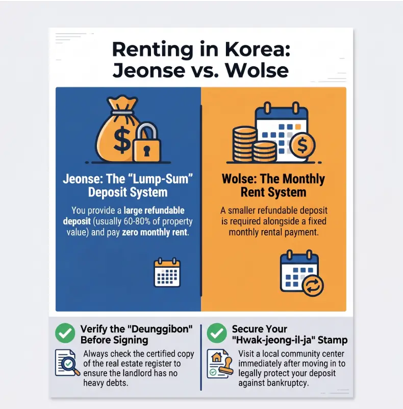 Korea Apartment Lease for Foreigners: Deposit, Fees and Exit Clauses 3 Foreign renter reviewing a Korean apartment lease with deposit protection, broker fees, and early exit clauses highlighted.